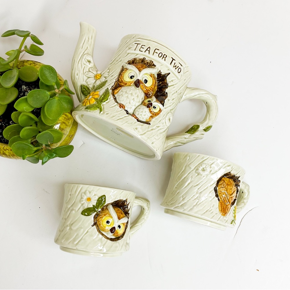Vintage 1977 ENESCO Japan “Tea for Two” Owl Ceramic Teapot & Mug Set - Picture 3 of 12